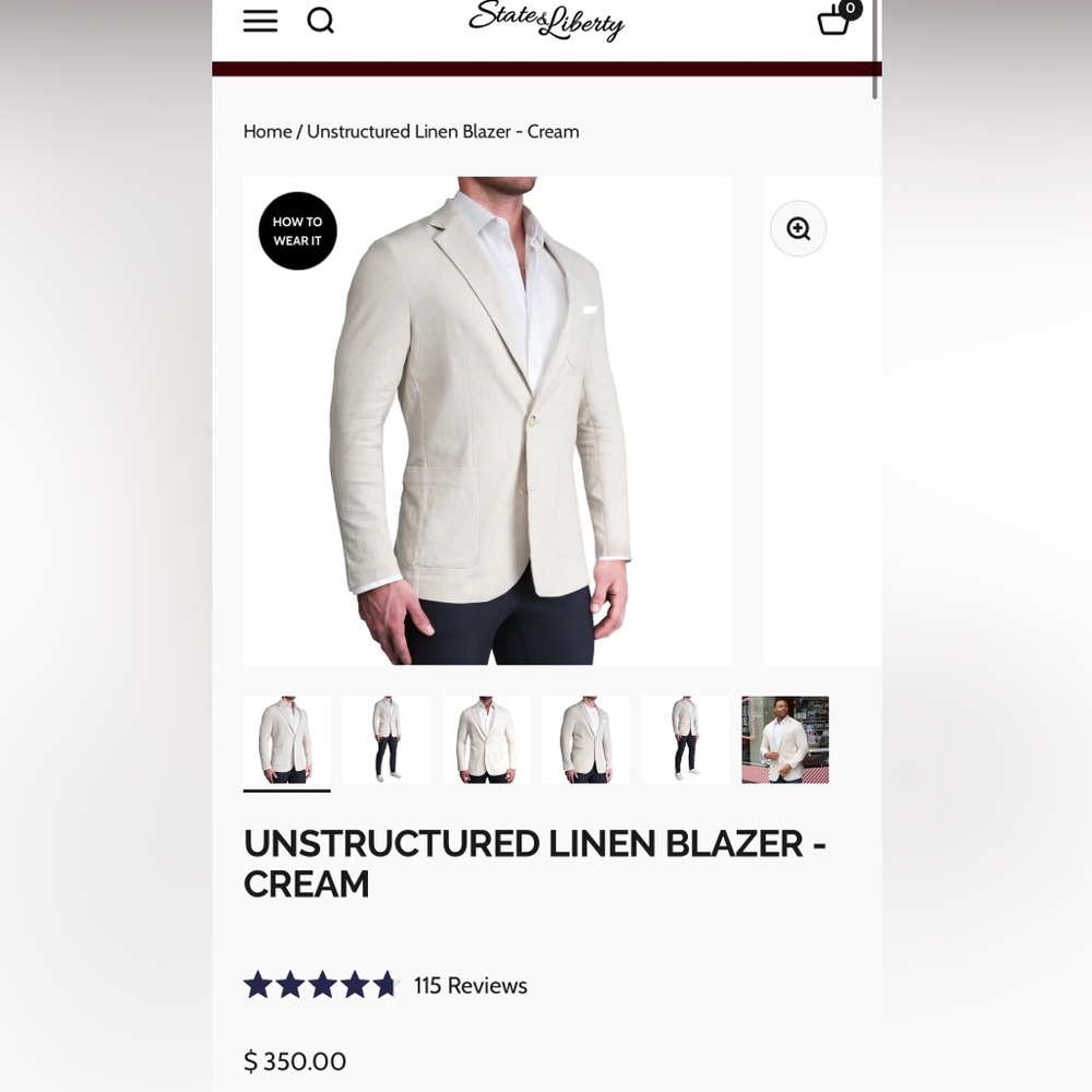 State & Liberty Athletic Fit Unstructured Mens Linen Blazer- Cream 40R